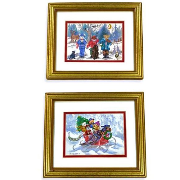 Pair Helen Paul Winter Christmas 11.5" x 9.5" Gold Framed Art Prints Teddy Bears - Picture 2 of 12